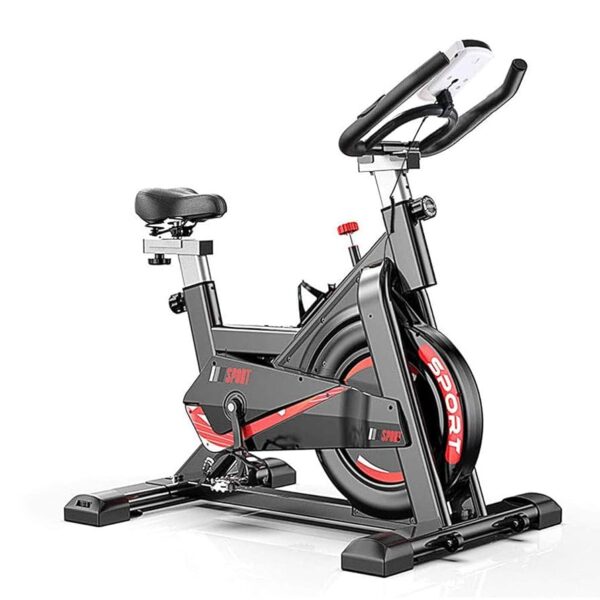 spin bike, also known as an indoor cycling bike or stationary bike, which is designed for cardiovascular exercise and fitness training at home or in a gym setting. Specifications: Flywheel: Typically features a heavy flywheel (e.g., 13.0 KG or 13.22 lbs) to provide momentum for a smooth cycling experience. Resistance System: Equipped with a resistance system, often magnetic or friction-based, allowing for adjustable intensity workouts. Adjustability: Includes adjustable handlebars and seat (height and position) to accommodate users of various heights and body types. Durability: Constructed with strong materials to support significant user weight (e.g., up to 150 kg or 350 lbs). Console/Monitor: Many models include an LCD monitor to track metrics such as time, speed, distance, calories burned, and pulse. Additional Features: May include a water bottle holder, tablet/phone holder, and transport wheels for easy mobility. Uses: Cardiovascular Fitness: Provides an effective way to improve heart health and endurance through cycling workouts. Weight Management: Helps in burning calories and contributing to weight loss goals. Leg Strength and Toning: Engages leg muscles, including quadriceps, hamstrings, and glutes, for strength building and toning. Low-Impact Exercise: Offers a joint-friendly workout, making it suitable for individuals seeking low-impact exercise options. Convenient Home Workouts: Allows for consistent exercise regardless of weather conditions or gym accessibility, fitting into busy schedules.