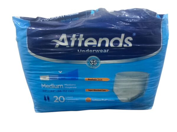 Attends Underwear - Medium, Extra Absorbency. Specifications: Name: Attends Underwear (specifically, the Medium size, Extra Absorbency variant). Size: Medium (Mediano Moyenne), fitting waist sizes 34"-44" (86-112 cm). Count: 20 pieces per package. Absorbency: Extra Absorbency, featuring a super absorbent core and an inner acquisition layer for faster absorbency. Material: Breathable, stretchable, cloth-like material for discreet wear and promoting healthier skin. Features: Breathable Zones, Super Absorbent Core, tear-away sides for easy removal, barrier leg cuffs for leakage protection, and odor-blocking properties. Uses: Incontinence Management: Designed for individuals experiencing light to heavy bladder or fecal incontinence. Mobility Impairment: Offers an alternative to traditional briefs for active individuals with mobility challenges. Skin Health: Breathable materials and moisture-locking systems promote drier, healthier skin. Discreet Protection: Worn like regular underwear for discretion and confidence.
