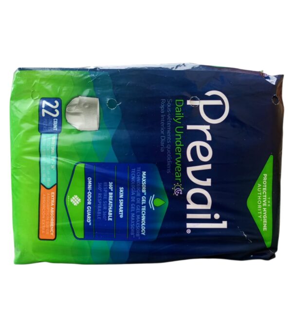 Prevail Daily Underwear, as shown in the image, is a protective undergarment designed for individuals experiencing incontinence, providing features for comfort, absorbency, and odor control. Specifications: Count: 22 units. Size: Youth Small, fitting waist sizes 20"-34". Absorbency: Extra Absorbency. Technology: MaxSorb Gel Technology: For rapid absorption of wetness. Skin Smart Fabric: Helps protect skin. 360° Breathable Zones: Allows air circulation to prevent heat and moisture buildup. Omni-Odor Guard: Helps prevent odors before they begin. Design: Cloth-like outer fabric for softness and comfort, with gentle elastics for a body-conforming fit. Uses: Incontinence Management: Provides reliable leakage protection for moderate to heavy incontinence in both men and women. Skin Health Support: Features like Skin Smart Fabric and Breathable Zones promote skin wellness and help prevent irritation. Discreet Protection: Designed to be worn like regular underwear for discretion and comfort.