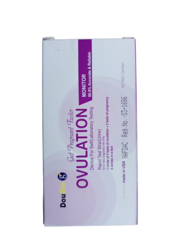 Double G Ovulation Monitor". Uses: Ovulation Monitoring: It is designed for self or laboratory testing to monitor ovulation, helping to predict the most fertile days for conception. Pregnancy Testing: The kit also includes tests for pregnancy. Specifications: Accuracy: It boasts 99.9% accuracy and reliability for both ovulation and pregnancy testing. Type: It uses rapid test strips (urine) for in vitro diagnostic use only. Contents: Each box contains 3 circles, consisting of 1 circle with 5 ovulation tests and 2 tests of pregnancy. Origin & Regulation: It is stated as "made in USA" and registered with NAFDAC (Reg. No. 03-1686).