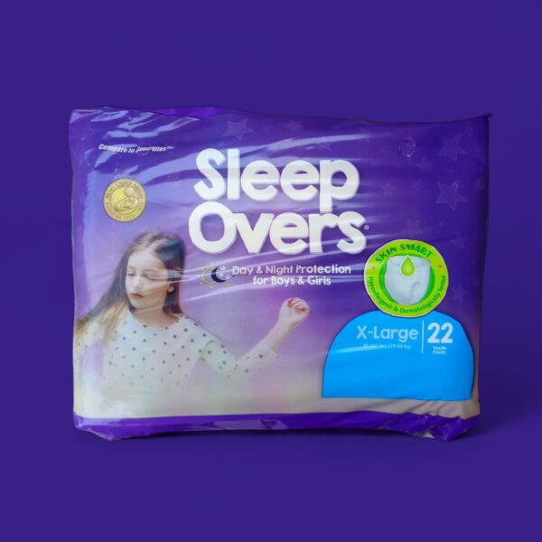 Sleep Overs Youth Pants are designed for older children experiencing nighttime incontinence or bedwetting, offering day and night protection. Specifications: Size: X-Large. Weight Range: 85-140 lbs (39-64 kg). Count: 22 youth pants per pack. Absorbency: Heavy absorbency for maximum protection. Design: Pull-on style, unisex, unscented, with a cloth-like fabric that looks and feels like regular underwear. Skin Features: Hypoallergenic and dermatologically tested, with a liner containing aloe and vitamin E (in some versions). Leakage Protection: Features super absorbent leakage protection, leakage control guards, and a super dry core to prevent leaks. Comfort: Stretchy sides and waist for a snug fit, and ventilated areas for breathability. Removal: Tear-away sides for easy removal. Indication: Colored thread indicates the back of the product. Uses: Nighttime Incontinence: Primarily used for managing bedwetting or nocturnal enuresis in older children. Daytime Protection: Offers day and night protection for children with incontinence issues. Special Needs: Suitable for older children with disabilities causing delays in potty training or incontinence.
