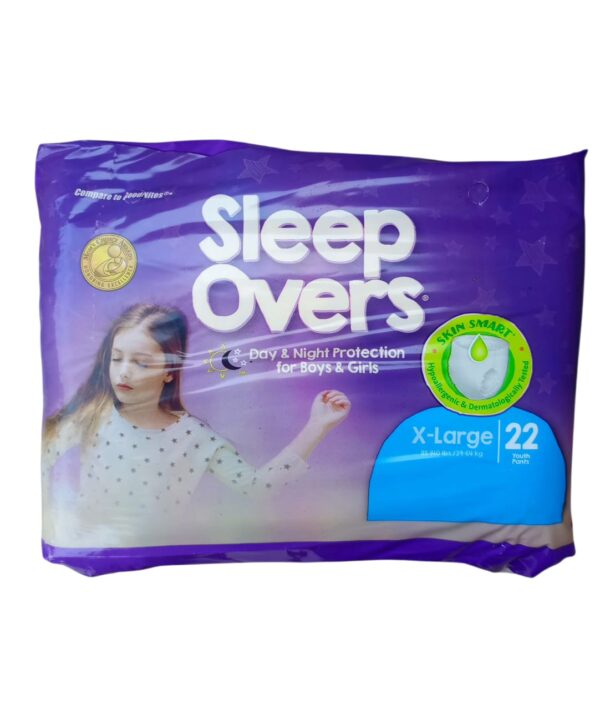 Sleep Overs Youth Pants are designed for older children experiencing nighttime incontinence or bedwetting, offering day and night protection. Specifications: Size: X-Large. Weight Range: 85-140 lbs (39-64 kg). Count: 22 youth pants per pack. Absorbency: Heavy absorbency for maximum protection. Design: Pull-on style, unisex, unscented, with a cloth-like fabric that looks and feels like regular underwear. Skin Features: Hypoallergenic and dermatologically tested, with a liner containing aloe and vitamin E (in some versions). Leakage Protection: Features super absorbent leakage protection, leakage control guards, and a super dry core to prevent leaks. Comfort: Stretchy sides and waist for a snug fit, and ventilated areas for breathability. Removal: Tear-away sides for easy removal. Indication: Colored thread indicates the back of the product. Uses: Nighttime Incontinence: Primarily used for managing bedwetting or nocturnal enuresis in older children. Daytime Protection: Offers day and night protection for children with incontinence issues. Special Needs: Suitable for older children with disabilities causing delays in potty training or incontinence.