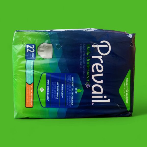 Prevail Daily Underwear, as shown in the image, is a protective undergarment designed for individuals experiencing incontinence, providing features for comfort, absorbency, and odor control. Specifications: Count: 22 units. Size: Youth Small, fitting waist sizes 20"-34". Absorbency: Extra Absorbency. Technology: MaxSorb Gel Technology: For rapid absorption of wetness. Skin Smart Fabric: Helps protect skin. 360° Breathable Zones: Allows air circulation to prevent heat and moisture buildup. Omni-Odor Guard: Helps prevent odors before they begin. Design: Cloth-like outer fabric for softness and comfort, with gentle elastics for a body-conforming fit. Uses: Incontinence Management: Provides reliable leakage protection for moderate to heavy incontinence in both men and women. Skin Health Support: Features like Skin Smart Fabric and Breathable Zones promote skin wellness and help prevent irritation. Discreet Protection: Designed to be worn like regular underwear for discretion and comfort.