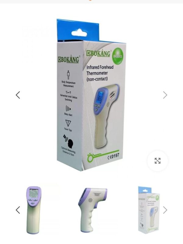 Bokang BK8005 Infrared Forehead Thermometer is a non-contact device designed for measuring body temperature, and it can also be used to measure the surface temperature of objects or rooms. Specifications: Product Name: Infrared Forehead Thermometer. Model: BK8005. Working Conditions: Environment temperature 16℃-35℃, Relative humidity ≤ 85%. Power: DC3V (AA*2). Size: 95mm×42mm×139mm (L x W x H). Size Weight: 85g (without batteries). Resolution: 0.1℃ (or 0.1℉). Measuring Range: 35.0℃-42.0℃ (95.0℉-107.6℉). Measuring Precision: 35.0℃-42.0℃ ±0.2℃. Measuring Distance: 3-5cm. Memorization: 32 sets. Storage Environment: Temperature: -20-50℃, humidity: no more than 90% RH, no condensation and no corrosive gas, well-ventilated and clean room. Equipment Classification: Internal power supply, general equipment, continuous operation. Cannot be used under flammable anesthetic gas mixed with air or anesthetic gas mixed with oxygen or nitrous oxide. Accessories List: Instruction manual, warranty card, quality certificate, 2 pieces of AA batteries. Uses: Non-contact temperature measurement: Provides a safer and more hygienic way to measure temperature, reducing the risk of cross-infection. Human body temperature measurement: Specifically designed for measuring forehead temperature. Object/Room temperature measurement: Can also be used to measure the surface temperature of objects like milk bottles or the ambient room temperature. Wide Application: Suitable for households, hotels, libraries, large enterprises and institutions, schools, customs, and airports. Convenient for all ages: Simple operation makes it easy for kids or the elderly to use.
