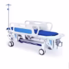 hospital patient transfer trolley, also known as a stretcher trolley or emergency stretcher. Specifications: Material: Typically features a strong frame, often stainless steel, with an ABS plastic bed surface and railings. Dimensions: Common sizes include lengths around 1930mm, widths around 760mm, and adjustable heights (e.g., 500-800mm). Features: Adjustable Backrest: Often adjustable via a crank system or air spring for patient comfort and positioning (e.g., 75-degree back plate adjustment). Mobility: Equipped with swivel casters, typically four, with at least two featuring brakes for stability during transfers. Safety Rails: Collapsible or swing-away guardrails, usually made of ABS plastic or stainless steel, to prevent falls. IV Pole: Often includes an integrated or attachable IV pole for administering intravenous fluids. Weight Bearing: Designed to safely support patient weights, often up to 180kgs. Uses: Patient Transportation: Primarily used for the rapid and safe transportation of patients between different areas within a hospital, such as emergency rooms, operating rooms, ICU, wards, and radiology departments. Emergency Situations: Essential equipment in emergency rooms for handling and transferring critically ill or injured patients. Patient Comfort and Safety: Provides a stable and comfortable surface for patients during transfers, reducing the risk of injury during movement. Medical Procedures: Can be used for administering IV fluids during transport or as a temporary bed in various medical settings.