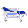hospital patient transfer trolley, also known as a stretcher trolley or emergency stretcher. Specifications: Material: Typically features a strong frame, often stainless steel, with an ABS plastic bed surface and railings. Dimensions: Common sizes include lengths around 1930mm, widths around 760mm, and adjustable heights (e.g., 500-800mm). Features: Adjustable Backrest: Often adjustable via a crank system or air spring for patient comfort and positioning (e.g., 75-degree back plate adjustment). Mobility: Equipped with swivel casters, typically four, with at least two featuring brakes for stability during transfers. Safety Rails: Collapsible or swing-away guardrails, usually made of ABS plastic or stainless steel, to prevent falls. IV Pole: Often includes an integrated or attachable IV pole for administering intravenous fluids. Weight Bearing: Designed to safely support patient weights, often up to 180kgs. Uses: Patient Transportation: Primarily used for the rapid and safe transportation of patients between different areas within a hospital, such as emergency rooms, operating rooms, ICU, wards, and radiology departments. Emergency Situations: Essential equipment in emergency rooms for handling and transferring critically ill or injured patients. Patient Comfort and Safety: Provides a stable and comfortable surface for patients during transfers, reducing the risk of injury during movement. Medical Procedures: Can be used for administering IV fluids during transport or as a temporary bed in various medical settings.