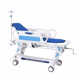 hospital patient transfer trolley, also known as a stretcher trolley or emergency stretcher. Specifications: Material: Typically features a strong frame, often stainless steel, with an ABS plastic bed surface and railings. Dimensions: Common sizes include lengths around 1930mm, widths around 760mm, and adjustable heights (e.g., 500-800mm). Features: Adjustable Backrest: Often adjustable via a crank system or air spring for patient comfort and positioning (e.g., 75-degree back plate adjustment). Mobility: Equipped with swivel casters, typically four, with at least two featuring brakes for stability during transfers. Safety Rails: Collapsible or swing-away guardrails, usually made of ABS plastic or stainless steel, to prevent falls. IV Pole: Often includes an integrated or attachable IV pole for administering intravenous fluids. Weight Bearing: Designed to safely support patient weights, often up to 180kgs. Uses: Patient Transportation: Primarily used for the rapid and safe transportation of patients between different areas within a hospital, such as emergency rooms, operating rooms, ICU, wards, and radiology departments. Emergency Situations: Essential equipment in emergency rooms for handling and transferring critically ill or injured patients. Patient Comfort and Safety: Provides a stable and comfortable surface for patients during transfers, reducing the risk of injury during movement. Medical Procedures: Can be used for administering IV fluids during transport or as a temporary bed in various medical settings.