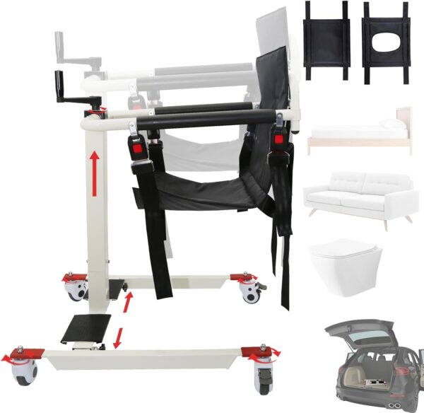 Patient Lift Transfer Chair, also known as a Patient Transfer Lift or Transfer Wheelchair, which is designed to assist in transferring individuals with limited mobility. Specifications: Adjustable Design: Features adjustable height and sometimes width to accommodate different users and transfer scenarios, ensuring comfort and ease of use. Portability: Often made from lightweight materials and designed with a folding frame for easier handling and transport by caregivers. Safety Features: Includes mechanisms to ensure user safety during transfers, such as secure restraints and stable construction to prevent slipping or falling. Materials: Constructed with durable and often waterproof materials for longevity and ease of cleaning, especially for shower chair or commode chair functions. Multi-functional: Can serve various purposes, including patient lift, transfer chair, shower chair, and bedside commode. Uses: Patient Transfers: Primarily used to safely and efficiently transfer individuals between various locations such as beds, wheelchairs, toilets, showers, and even cars. Home Care & Medical Facilities: Ideal for daily use in home care settings, hospitals, and nursing homes to assist elderly individuals, those with disabilities, or patients recovering from surgery. Assisting Daily Living Activities: Facilitates activities like bathing, toileting, and general mobility, promoting independence and dignity for users. Reducing Caregiver Strain: Simplifies the transfer process for caregivers, reducing physical strain and ensuring safer handling of patients.