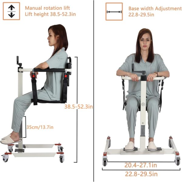 Patient Lift Transfer Chair, also known as a Patient Transfer Lift or Transfer Wheelchair, which is designed to assist in transferring individuals with limited mobility. Specifications: Adjustable Design: Features adjustable height and sometimes width to accommodate different users and transfer scenarios, ensuring comfort and ease of use. Portability: Often made from lightweight materials and designed with a folding frame for easier handling and transport by caregivers. Safety Features: Includes mechanisms to ensure user safety during transfers, such as secure restraints and stable construction to prevent slipping or falling. Materials: Constructed with durable and often waterproof materials for longevity and ease of cleaning, especially for shower chair or commode chair functions. Multi-functional: Can serve various purposes, including patient lift, transfer chair, shower chair, and bedside commode. Uses: Patient Transfers: Primarily used to safely and efficiently transfer individuals between various locations such as beds, wheelchairs, toilets, showers, and even cars. Home Care & Medical Facilities: Ideal for daily use in home care settings, hospitals, and nursing homes to assist elderly individuals, those with disabilities, or patients recovering from surgery. Assisting Daily Living Activities: Facilitates activities like bathing, toileting, and general mobility, promoting independence and dignity for users. Reducing Caregiver Strain: Simplifies the transfer process for caregivers, reducing physical strain and ensuring safer handling of patients.