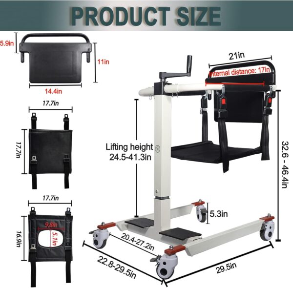 Patient Lift Transfer Chair, also known as a Patient Transfer Lift or Transfer Wheelchair, which is designed to assist in transferring individuals with limited mobility. Specifications: Adjustable Design: Features adjustable height and sometimes width to accommodate different users and transfer scenarios, ensuring comfort and ease of use. Portability: Often made from lightweight materials and designed with a folding frame for easier handling and transport by caregivers. Safety Features: Includes mechanisms to ensure user safety during transfers, such as secure restraints and stable construction to prevent slipping or falling. Materials: Constructed with durable and often waterproof materials for longevity and ease of cleaning, especially for shower chair or commode chair functions. Multi-functional: Can serve various purposes, including patient lift, transfer chair, shower chair, and bedside commode. Uses: Patient Transfers: Primarily used to safely and efficiently transfer individuals between various locations such as beds, wheelchairs, toilets, showers, and even cars. Home Care & Medical Facilities: Ideal for daily use in home care settings, hospitals, and nursing homes to assist elderly individuals, those with disabilities, or patients recovering from surgery. Assisting Daily Living Activities: Facilitates activities like bathing, toileting, and general mobility, promoting independence and dignity for users. Reducing Caregiver Strain: Simplifies the transfer process for caregivers, reducing physical strain and ensuring safer handling of patients.