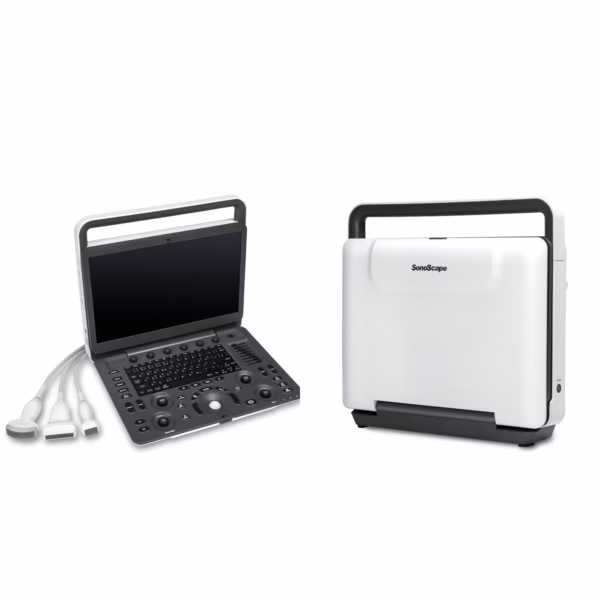 Sonoscape E2 is a portable color Doppler ultrasound system that supports cardiac imaging via phased array probes and abdominal imaging with a standard convex probe, incorporating features like B-mode, M-mode, color Doppler (CFM/PDI), Tissue Harmonic Imaging (THI), and speckle reduction μ-Scan technology. It features a 15.6" LCD monitor, integrated patient data management, DICOM support, and includes standard software functionalities such as Auto Optimization, PW Auto Trace, and a Biopsy Guide, with optional ECG module for enhanced workflow. Standard Hardware & Features Display: 15.6-inch high-resolution LCD color monitor with auto-adaptive LED backlight. Storage: 500 GB hard disk for data storage and USB 2.0 ports. Connectivity: Two transducer connector ports. Power: Built-in battery for portability. Ergonomics: Lightweight (approx. 6.5kg), making it suitable for various clinical settings. Standard Imaging Modes & Technologies 2D Imaging: B-mode, 2B/4B dual display, Spatial Compound Imaging, and Widescan Trapezoid imaging. Color Doppler: Color Doppler Flow Imaging (CFM), Power Doppler (PDI), and Directional Power Doppler (DirPDI). Harmonic Imaging: Tissue Harmonic Imaging (THI) and Pure Inversion Harmonic Imaging (PHI). Motion Imaging: M-mode and Color M-mode. Pulsed Wave (PW): PW mode with PW Auto Trace functionality. Speckle Reduction: μ-Scan technology for reducing 2D image noise. Cardiac Probes & Cardiac Applications While the standard probes are linear and convex, a cardiac probe (like a phased array) is an optional accessory for cardiac applications. The system supports cardiac imaging through its various modes and functionalities. Convex Probes & General Applications The Sonoscape E2 typically comes with a standard 3C-A convex array probe for abdominal, OB/GYN, and other applications. The system supports Widescan Convex Extended Imaging for enlarging the image view. ECG Software Integration The Sonoscape E2 supports an optional ECG module, allowing for the integration of ECG data for improved workflow and comprehensive patient assessment. Other Advanced Features Auto Optimization: Automates B, M, PW, and CW modes for quick image adjustment. Auto IMT: Automated measurement of Intima-Media Thickness. DICOM 3.0: Support for Store and Send functions. Steering & Biopsy: 2D Steer for beam direction and a Biopsy Guide. Optional Technologies: Options may include CW, TDI, AMM, SR Flow, Vis-Needle, B Mode Prospective Saving, and 2D Panoramic Imaging.