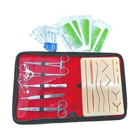 suture practice kit, designed for medical students and professionals to practice suturing techniques. Specifications: Components: Typically includes a silicone suture pad with various pre-cut wound patterns, a set of stainless steel surgical instruments (e.g., needle holder, Adson forceps, Iris scissors, mosquito forceps, scalpel handle), scalpel blades, and a variety of non-absorbable suture threads (e.g., nylon, silk, polypropylene). Suture Pad: Often features a multi-layered design (mimicking skin, fat, and muscle layers) and may include a protective mesh to enhance durability and prevent tearing during practice. Instruments: Made of high-quality stainless steel for durability and precision during practice. Sutures: Come in various materials and lengths for diverse practice scenarios. Uses: Skill Development: Ideal for learning and practicing various suturing techniques, knot tying, incision, and stitch removal. Educational Tool: Used in medical schools, nursing programs, and veterinary training for hands-on practice and skill refinement. Exam Preparation: Helps students prepare for practical exams requiring suturing proficiency. Skill Maintenance: Allows medical professionals to maintain and improve their suturing skills in a controlled environment. Realistic Simulation: Provides a realistic experience of suturing human tissue, aiding in the development of fine motor skills and dexterity required for surgical procedures.