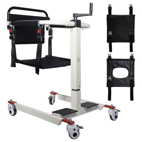 Patient Lift Transfer Chair, also known as a Patient Transfer Lift or Transfer Wheelchair, which is designed to assist in transferring individuals with limited mobility. Specifications: Adjustable Design: Features adjustable height and sometimes width to accommodate different users and transfer scenarios, ensuring comfort and ease of use. Portability: Often made from lightweight materials and designed with a folding frame for easier handling and transport by caregivers. Safety Features: Includes mechanisms to ensure user safety during transfers, such as secure restraints and stable construction to prevent slipping or falling. Materials: Constructed with durable and often waterproof materials for longevity and ease of cleaning, especially for shower chair or commode chair functions. Multi-functional: Can serve various purposes, including patient lift, transfer chair, shower chair, and bedside commode. Uses: Patient Transfers: Primarily used to safely and efficiently transfer individuals between various locations such as beds, wheelchairs, toilets, showers, and even cars. Home Care & Medical Facilities: Ideal for daily use in home care settings, hospitals, and nursing homes to assist elderly individuals, those with disabilities, or patients recovering from surgery. Assisting Daily Living Activities: Facilitates activities like bathing, toileting, and general mobility, promoting independence and dignity for users. Reducing Caregiver Strain: Simplifies the transfer process for caregivers, reducing physical strain and ensuring safer handling of patients.