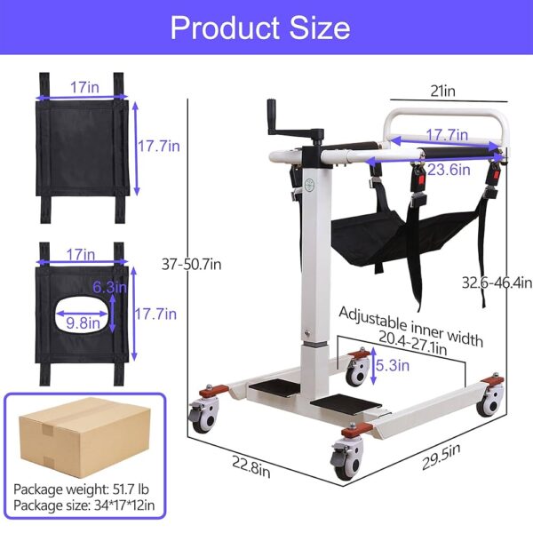 Patient Lift Transfer Chair, also known as a Patient Transfer Lift or Transfer Wheelchair, which is designed to assist in transferring individuals with limited mobility. Specifications: Adjustable Design: Features adjustable height and sometimes width to accommodate different users and transfer scenarios, ensuring comfort and ease of use. Portability: Often made from lightweight materials and designed with a folding frame for easier handling and transport by caregivers. Safety Features: Includes mechanisms to ensure user safety during transfers, such as secure restraints and stable construction to prevent slipping or falling. Materials: Constructed with durable and often waterproof materials for longevity and ease of cleaning, especially for shower chair or commode chair functions. Multi-functional: Can serve various purposes, including patient lift, transfer chair, shower chair, and bedside commode. Uses: Patient Transfers: Primarily used to safely and efficiently transfer individuals between various locations such as beds, wheelchairs, toilets, showers, and even cars. Home Care & Medical Facilities: Ideal for daily use in home care settings, hospitals, and nursing homes to assist elderly individuals, those with disabilities, or patients recovering from surgery. Assisting Daily Living Activities: Facilitates activities like bathing, toileting, and general mobility, promoting independence and dignity for users. Reducing Caregiver Strain: Simplifies the transfer process for caregivers, reducing physical strain and ensuring safer handling of patients.