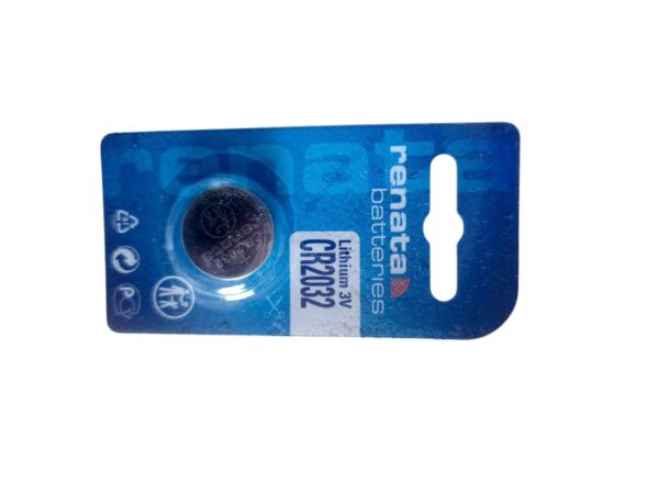 Renata CR2032 Lithium 3V battery. Specifications: Chemistry: Lithium Voltage: 3V Size: CR2032 (coin cell) Capacity: Typically 225 mAh Diameter: 20 mm (0.78") Height: 3.2 mm (0.12") Features: Low self-discharge, high energy density, good temperature behavior, high capacity retention on storage, Swiss quality Uses: Renata CR2032 lithium batteries are versatile and used in a wide range of portable electronic devices and applications, including: Watches and Clocks: Powering various types of timepieces. Computers: Memory backup for motherboards. Automotive: Keyless remotes and car security alarms. Medical Devices: Various medical equipment and sensors. Telecommunications: Devices within telecommunication systems. Consumer Electronics: Calculators, toys, electronic scales, remote controls, 3D glasses, heart rate monitors, and other portable devices. Specialized Equipment: Dog collars, rangefinders, riflescopes, PDAs, and measuring equipment.