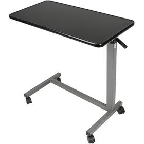 Medical Adjustable Overbed Bedside Table with Wheels. Specifications: Adjustable Height: Easily raised or lowered, typically between 29 inches and 40-44 inches, with a spring-loaded locking handle or simple knob adjustments. Tabletop: Often features a wood-grained laminate or water-resistant plastic top, with some models offering a tilting mechanism for customizable angles and others being non-tilting. Mobility: Equipped with four lockable swivel casters (wheels) for easy movement and secure positioning. Construction: Built with heavy-gauge, chrome-plated welded tubular steel construction for durability and stability. Weight Capacity: Designed to support a certain weight, with some models indicating a capacity of around 45 lbs. Uses: Medical and Home Care: Provides a convenient surface for individuals who are bedridden, have limited mobility, or are recovering from illness or surgery, suitable for both hospital and home environments. Activities in Bed: Ideal for eating meals, reading books or magazines, writing, or using laptops and tablets comfortably while in bed. Wheelchair Accessibility: Can be lowered to serve as a table for individuals using wheelchairs.