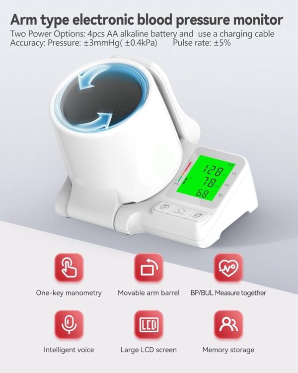 Medical Electronic Blood Pressure Monitor, an arm cylinder type, offers several features and specifications based on the image and available information: Key Features: Arm Cylinder Type: Designed for upper arm blood pressure measurement, indicated by the "Arm cylinder type" label on the product and packaging. Automatic Shutdown: Includes an automatic shutdown feature for power saving. Large Display Screen: Features a large LED screen for clear and precise readings, suitable for use day and night, and beneficial for individuals with poor vision. Voice Broadcast: Equipped with a voice broadcast function, making it particularly suitable for the elderly or those with impaired vision. Memory Storage: Supports memory storage for tracking readings, and some models support up to 2 users. Professional and Reliable: Utilizes advanced measurement technology for highly reliable readings. Arrhythmia Detection & Hypertension Indicator: Some models offer features like arrhythmia detection and a hypertension indicator. Specifications (based on similar models): Accuracy: Pressure accuracy within ±3mmHg (±0.4kPa) and pulse accuracy within ±5%. Measuring Range: Pressure measuring range of 0-300mmHg (0.0kPa-40.0kPa) and pulse rate of 40-200 beats/minute. Cuff Range: Typical cuff range for upper arm models is around 22-34 cm (8.66"-13.38"), suitable for adults and the elderly. Power Source: May be corded electric or battery-powered (e.g., 4*AA Batteries). Display Type: LCD Digital Display. Included Components: Typically includes the blood pressure monitor, power cable, and user manual.