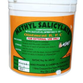 Methyl Salicylate Ointment B.P.C. shown in the image has the following specifications and uses: Specifications: Composition: Contains Methyl Salicylate 45% and an Ointment Base to 100%. Formulation: Ointment B.P.C. (British Pharmaceutical Codex). NAFDAC Registration: NAFDAC Reg. No: 04-4747. Manufacturer: Nino Pharm. & Chemical Company Ltd, located at 1 Nino Crescent, Era Town, Off Badagry Exp Way, Ojo L.G.A., Lagos State. Usage: For external use only. Uses (Indications): Pain Relief: Primarily indicated for the relief of pain in conditions such as Lumbago, Sciatica, and rheumatic conditions. Muscle/Joint Pain: Used to treat minor aches and pains of the muscles and joints, including those associated with arthritis, backache, and sprains. Mechanism: Methyl salicylate works by causing a sensation of coolness followed by warmth on the skin, which helps to alleviate pain. Cautions & Storage: Storage: Keep out of reach of children and store in a cool, dry place. Application: Avoid contact with eyes and mucous membranes. Skin Condition: Do not apply to broken or inflamed skin.