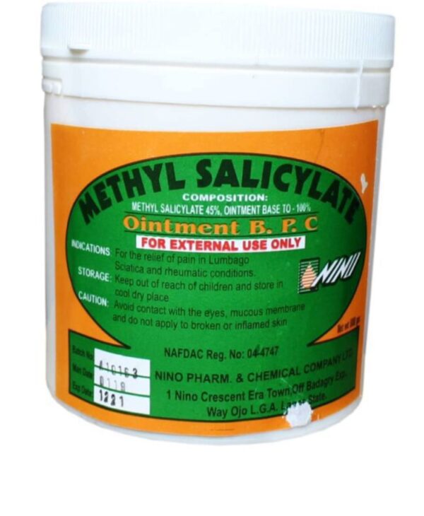 Methyl Salicylate Ointment B.P.C. shown in the image has the following specifications and uses: Specifications: Composition: Contains Methyl Salicylate 45% and an Ointment Base to 100%. Formulation: Ointment B.P.C. (British Pharmaceutical Codex). NAFDAC Registration: NAFDAC Reg. No: 04-4747. Manufacturer: Nino Pharm. & Chemical Company Ltd, located at 1 Nino Crescent, Era Town, Off Badagry Exp Way, Ojo L.G.A., Lagos State. Usage: For external use only. Uses (Indications): Pain Relief: Primarily indicated for the relief of pain in conditions such as Lumbago, Sciatica, and rheumatic conditions. Muscle/Joint Pain: Used to treat minor aches and pains of the muscles and joints, including those associated with arthritis, backache, and sprains. Mechanism: Methyl salicylate works by causing a sensation of coolness followed by warmth on the skin, which helps to alleviate pain. Cautions & Storage: Storage: Keep out of reach of children and store in a cool, dry place. Application: Avoid contact with eyes and mucous membranes. Skin Condition: Do not apply to broken or inflamed skin.