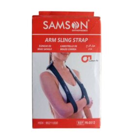 Samson Arm Sling Strap (model FR-0512) is designed to hold, support, and immobilize a sprained, broken, or surgically operated arm in a flexion position during recuperation. Key Specifications: Material: Made of 3-layered P.U. bonded fabric, known for durability, non-tearable quality, plush appearance, wrinkle-free nature, and soft feel. Design: Standard design to support and cover the arm completely, accommodating bulky casts or bandages. Features an adjustable sling for customizing the angle of flexion and offering flexibility in sizing. Includes an Ethafoam shoulder pad and thumb cradle for enhanced patient comfort and reduced fatigue. Adjustable, broad shoulder pad further reduces pressure on the neck and shoulder region. Equipped with adjustable buckles for maximum user comfort. Usage: Suitable for fractures of the radius and ulna, post-surgical care, and post-cast care. Origin: Manufactured by Samson Orthopaedics in India. Model Number: FR-0512. HSN: 90211000.