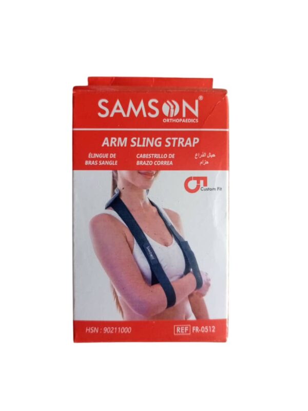 Samson Arm Sling Strap (model FR-0512) is designed to hold, support, and immobilize a sprained, broken, or surgically operated arm in a flexion position during recuperation. Key Specifications: Material: Made of 3-layered P.U. bonded fabric, known for durability, non-tearable quality, plush appearance, wrinkle-free nature, and soft feel. Design: Standard design to support and cover the arm completely, accommodating bulky casts or bandages. Features an adjustable sling for customizing the angle of flexion and offering flexibility in sizing. Includes an Ethafoam shoulder pad and thumb cradle for enhanced patient comfort and reduced fatigue. Adjustable, broad shoulder pad further reduces pressure on the neck and shoulder region. Equipped with adjustable buckles for maximum user comfort. Usage: Suitable for fractures of the radius and ulna, post-surgical care, and post-cast care. Origin: Manufactured by Samson Orthopaedics in India. Model Number: FR-0512. HSN: 90211000.
