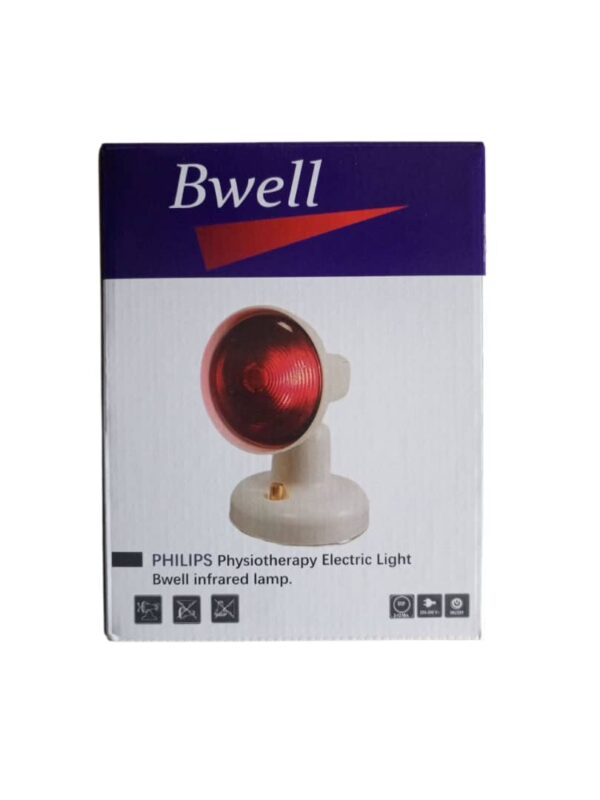 Philips Physiotherapy Electric Light, branded as Bwell infrared lamp, is designed for localized heat therapy, primarily for pain relief in muscles and joints. Specifications: Brand: Philips (Bwell is a specific model/branding). Type: Infrared Heating Lamp/IRR Lamp. Power: Available in various wattages, such as 100W, 150W, 175W, or 650W depending on the specific model (e.g., HP3614/01, PAR38 IR RED 175W, HP3643/01). The image likely shows a model with a Philips 150W infrared heating bulb. Bulb: Uses a standard Philips infrared bulb, often with a specific model like PAR38 IR RED for 175W versions. Features: May include a control knob for intensity adjustment (in some models), ceramic glass plate, and a compact design. Lifespan: Bulbs can have an average lifespan of up to 5,000 hours. Safety: IEC certified and complies with medical device directives like 2007/47/EC and MDD 93/42/EEC. Uses: Pain Relief: Effective for relieving pain in muscles and joints, including lower back pain and pain associated with arthritic conditions (in non-inflammatory phases). Muscle Relaxation: Used for muscle relaxation and as preparation for massage therapy. Improved Blood Circulation: The infrared warmth penetrates deep into the skin, stimulating blood circulation and improving metabolism. Therapeutic Applications: Localized heat therapy for occasional or chronic muscle soreness, stiff muscles, and stiff joints. Other Potential Benefits: Promoting wound healing and tissue repair, improving hair growth, controlling psoriasis, and enhancing skin appearance.