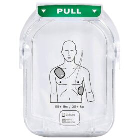 Philips HeartStart HS1 Adult SMART Pads Cartridge (M5071A), used with Philips HeartStart AED defibrillators. Specifications: Patient Suitability: Designed for adults and children weighing 55 lbs (25 kg) or more, or typically those 8 years and older. Energy Output: Delivers a nominal energy of 150 joules for adult defibrillation into a 50 ohm load. Design: Pre-connected pads to reduce response time during a cardiac emergency, featuring clear visual placement guides. Feedback Mechanism: SMART Pads provide feedback to the defibrillator, allowing it to adjust voice instructions based on user actions and pace. Protection: Protected in a plastic casing to guard against dust and water damage before use. Shelf Life: Typically has a shelf life of at least two years from the date of manufacture. Uses: Defibrillation: Used to deliver an electrical shock to the patient's heart during a suspected sudden cardiac arrest (SCA). Guidance: Works with the AED to provide real-time guidance through step-by-step voice commands, from pad placement to performing CPR, aiding users with little or no formal training. Compatibility: Compatible with Philips HeartStart Home or OnSite AED defibrillators.
