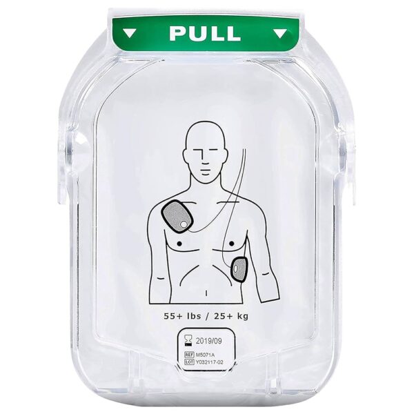 Philips HeartStart HS1 Adult SMART Pads Cartridge (M5071A), used with Philips HeartStart AED defibrillators. Specifications: Patient Suitability: Designed for adults and children weighing 55 lbs (25 kg) or more, or typically those 8 years and older. Energy Output: Delivers a nominal energy of 150 joules for adult defibrillation into a 50 ohm load. Design: Pre-connected pads to reduce response time during a cardiac emergency, featuring clear visual placement guides. Feedback Mechanism: SMART Pads provide feedback to the defibrillator, allowing it to adjust voice instructions based on user actions and pace. Protection: Protected in a plastic casing to guard against dust and water damage before use. Shelf Life: Typically has a shelf life of at least two years from the date of manufacture. Uses: Defibrillation: Used to deliver an electrical shock to the patient's heart during a suspected sudden cardiac arrest (SCA). Guidance: Works with the AED to provide real-time guidance through step-by-step voice commands, from pad placement to performing CPR, aiding users with little or no formal training. Compatibility: Compatible with Philips HeartStart Home or OnSite AED defibrillators.