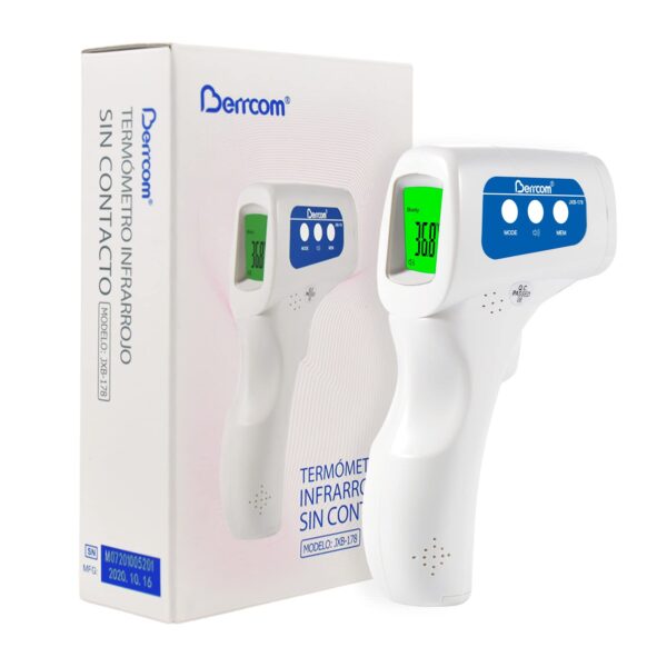 Berrcom Non-Contact Infrared Thermometer Specifications: Measurement Type: Non-contact infrared measurement of forehead temperature. Accuracy: Typically ±0.2°C (0.4°F). Measurement Distance: 3-5 cm from the forehead. Temperature Range (Body Mode): 32.0°C - 42.9°C (89.6°F - 109.2°F). Display: Large LCD screen, often with a 3-color backlight system (green for normal, orange for slight fever, red for high fever). Memory Function: Stores multiple previous readings, commonly up to 32. Units: Can display temperature in either °C or °F. Power Source: Typically requires 2 AAA batteries. Auto Shut-off: Automatically turns off after a period (e.g., 30 seconds) to conserve battery life. Modes: Can include Body, Surface, and Room temperature modes for versatility. Portability: Lightweight and compact design. Uses: Human Body Temperature Measurement: Primarily used to measure forehead temperature of infants, children, and adults without physical contact, ensuring hygiene and safety. Fever Detection: Features like color-coded displays and audible alarms help in quick identification of fever. Household Use: Suitable for consumers for monitoring family health at home. Professional Use: Can be used in clinical environments as a reference tool. Object and Room Temperature Measurement: Some models offer additional modes for measuring surface or room temperature, adding to its versatility.