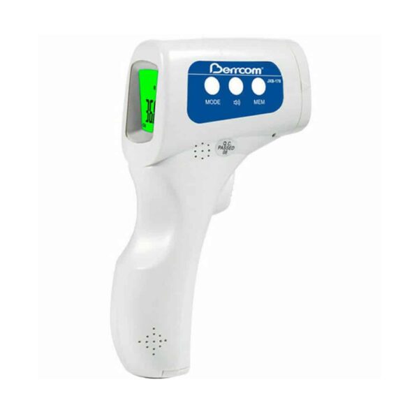 Berrcom Non-Contact Infrared Thermometer Specifications: Measurement Type: Non-contact infrared measurement of forehead temperature. Accuracy: Typically ±0.2°C (0.4°F). Measurement Distance: 3-5 cm from the forehead. Temperature Range (Body Mode): 32.0°C - 42.9°C (89.6°F - 109.2°F). Display: Large LCD screen, often with a 3-color backlight system (green for normal, orange for slight fever, red for high fever). Memory Function: Stores multiple previous readings, commonly up to 32. Units: Can display temperature in either °C or °F. Power Source: Typically requires 2 AAA batteries. Auto Shut-off: Automatically turns off after a period (e.g., 30 seconds) to conserve battery life. Modes: Can include Body, Surface, and Room temperature modes for versatility. Portability: Lightweight and compact design. Uses: Human Body Temperature Measurement: Primarily used to measure forehead temperature of infants, children, and adults without physical contact, ensuring hygiene and safety. Fever Detection: Features like color-coded displays and audible alarms help in quick identification of fever. Household Use: Suitable for consumers for monitoring family health at home. Professional Use: Can be used in clinical environments as a reference tool. Object and Room Temperature Measurement: Some models offer additional modes for measuring surface or room temperature, adding to its versatility.