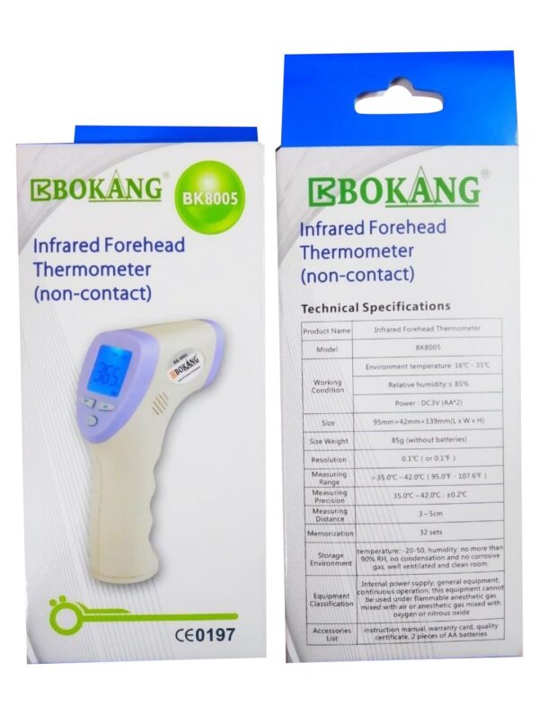 Bokang BK8005 Infrared Forehead Thermometer is a non-contact device designed for measuring body temperature, and it can also be used to measure the surface temperature of objects or rooms. Specifications: Product Name: Infrared Forehead Thermometer. Model: BK8005. Working Conditions: Environment temperature 16℃-35℃, Relative humidity ≤ 85%. Power: DC3V (AA*2). Size: 95mm×42mm×139mm (L x W x H). Size Weight: 85g (without batteries). Resolution: 0.1℃ (or 0.1℉). Measuring Range: 35.0℃-42.0℃ (95.0℉-107.6℉). Measuring Precision: 35.0℃-42.0℃ ±0.2℃. Measuring Distance: 3-5cm. Memorization: 32 sets. Storage Environment: Temperature: -20-50℃, humidity: no more than 90% RH, no condensation and no corrosive gas, well-ventilated and clean room. Equipment Classification: Internal power supply, general equipment, continuous operation. Cannot be used under flammable anesthetic gas mixed with air or anesthetic gas mixed with oxygen or nitrous oxide. Accessories List: Instruction manual, warranty card, quality certificate, 2 pieces of AA batteries. Uses: Non-contact temperature measurement: Provides a safer and more hygienic way to measure temperature, reducing the risk of cross-infection. Human body temperature measurement: Specifically designed for measuring forehead temperature. Object/Room temperature measurement: Can also be used to measure the surface temperature of objects like milk bottles or the ambient room temperature. Wide Application: Suitable for households, hotels, libraries, large enterprises and institutions, schools, customs, and airports. Convenient for all ages: Simple operation makes it easy for kids or the elderly to use.