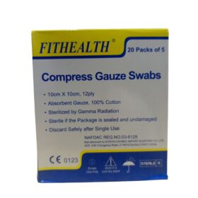 Fithealth Compress Gauze Swabs have the following specifications and uses: Specifications: Size: 10cm x 10cm, 12ply Material: Absorbent Gauze, 100% Cotton Sterilization: Sterilized by Gamma Radiation; sterile if the package is sealed and undamaged Quantity: 20 Packs of 5 Regulatory: NAFDAC REG.NO.03-8129, CE 0123 Manufacturer: SUZHOU ACMED IMPORT & EXPORT CO.LTD, 436 Changjiang Road 2-10016 Suzhou 215011, China Usage: Single Use only Storage: Store in a cool, dry place Disposal: Discard safely after single use Uses: Compress gauze swabs are commonly used in medical and first aid settings for various purposes: Wound Care: Used for cleaning and dressing wounds, and absorbing exudates. Application: Applying antiseptic solutions or ointments to wounds. Protection: Providing a sterile barrier to prevent infection and protecting wounds. Absorption: Made from highly absorbent cotton to effectively manage wound drainage.