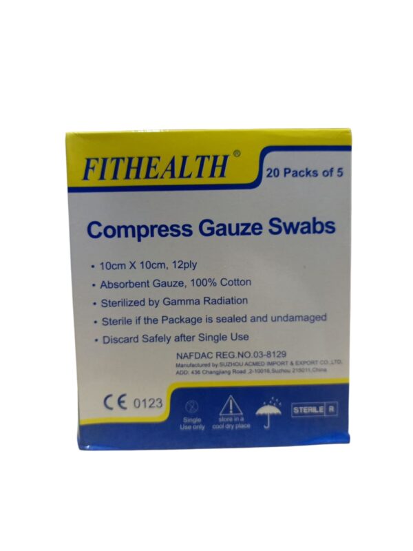 Fithealth Compress Gauze Swabs have the following specifications and uses: Specifications: Size: 10cm x 10cm, 12ply Material: Absorbent Gauze, 100% Cotton Sterilization: Sterilized by Gamma Radiation; sterile if the package is sealed and undamaged Quantity: 20 Packs of 5 Regulatory: NAFDAC REG.NO.03-8129, CE 0123 Manufacturer: SUZHOU ACMED IMPORT & EXPORT CO.LTD, 436 Changjiang Road 2-10016 Suzhou 215011, China Usage: Single Use only Storage: Store in a cool, dry place Disposal: Discard safely after single use Uses: Compress gauze swabs are commonly used in medical and first aid settings for various purposes: Wound Care: Used for cleaning and dressing wounds, and absorbing exudates. Application: Applying antiseptic solutions or ointments to wounds. Protection: Providing a sterile barrier to prevent infection and protecting wounds. Absorption: Made from highly absorbent cotton to effectively manage wound drainage.