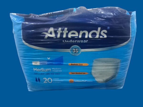Attends Underwear - Medium, Extra Absorbency. Specifications: Name: Attends Underwear (specifically, the Medium size, Extra Absorbency variant). Size: Medium (Mediano Moyenne), fitting waist sizes 34"-44" (86-112 cm). Count: 20 pieces per package. Absorbency: Extra Absorbency, featuring a super absorbent core and an inner acquisition layer for faster absorbency. Material: Breathable, stretchable, cloth-like material for discreet wear and promoting healthier skin. Features: Breathable Zones, Super Absorbent Core, tear-away sides for easy removal, barrier leg cuffs for leakage protection, and odor-blocking properties. Uses: Incontinence Management: Designed for individuals experiencing light to heavy bladder or fecal incontinence. Mobility Impairment: Offers an alternative to traditional briefs for active individuals with mobility challenges. Skin Health: Breathable materials and moisture-locking systems promote drier, healthier skin. Discreet Protection: Worn like regular underwear for discretion and confidence.