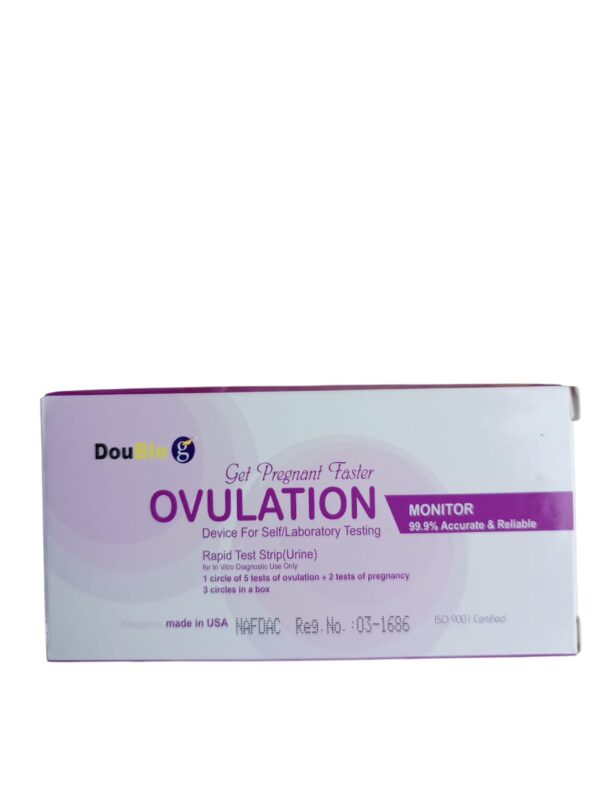 Double G Ovulation Monitor". Uses: Ovulation Monitoring: It is designed for self or laboratory testing to monitor ovulation, helping to predict the most fertile days for conception. Pregnancy Testing: The kit also includes tests for pregnancy. Specifications: Accuracy: It boasts 99.9% accuracy and reliability for both ovulation and pregnancy testing. Type: It uses rapid test strips (urine) for in vitro diagnostic use only. Contents: Each box contains 3 circles, consisting of 1 circle with 5 ovulation tests and 2 tests of pregnancy. Origin & Regulation: It is stated as "made in USA" and registered with NAFDAC (Reg. No. 03-1686).