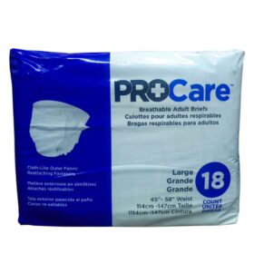 ProCare Breathable Adult Briefs are designed for individuals experiencing moderate to heavy adult incontinence. Specifications: Type: Breathable adult briefs/diapers. Absorbency: Heavy absorbency, with a high-performance core for maximum protection. Outer Fabric: Cloth-like outer fabric with breathable zones for skin health and comfort. Fasteners: Reattaching direct lock fasteners for multiple refastening and a proper fit. Leg Style: Elastic leg gathers for added protection against leaks. Size (as shown in image): Large, fitting waist sizes 45" - 58" (114cm - 147cm). Count (as shown in image): 18 briefs per pack. Features: Odor Guard to help prevent odors. Uses: Incontinence Management: Provides protection and security for moderate to heavy urinary and/or bowel incontinence. Patient Care: Suitable for bedridden patients requiring incontinence care. Active Individuals: Designed to be thinner and more discreet for active individuals on the go. Skin Health: Breathable zones and cloth-like backsheet promote skin dryness and health.