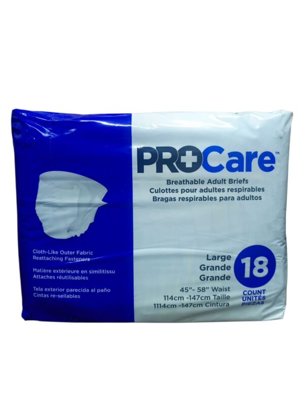 ProCare Breathable Adult Briefs are designed for individuals experiencing moderate to heavy adult incontinence. Specifications: Type: Breathable adult briefs/diapers. Absorbency: Heavy absorbency, with a high-performance core for maximum protection. Outer Fabric: Cloth-like outer fabric with breathable zones for skin health and comfort. Fasteners: Reattaching direct lock fasteners for multiple refastening and a proper fit. Leg Style: Elastic leg gathers for added protection against leaks. Size (as shown in image): Large, fitting waist sizes 45" - 58" (114cm - 147cm). Count (as shown in image): 18 briefs per pack. Features: Odor Guard to help prevent odors. Uses: Incontinence Management: Provides protection and security for moderate to heavy urinary and/or bowel incontinence. Patient Care: Suitable for bedridden patients requiring incontinence care. Active Individuals: Designed to be thinner and more discreet for active individuals on the go. Skin Health: Breathable zones and cloth-like backsheet promote skin dryness and health.