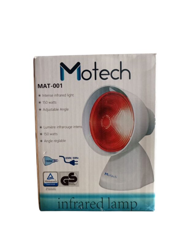 Motech MAT-001 Infrared Lamp is designed for therapeutic use, primarily for pain relief and skin health, utilizing intense infrared light. Specifications: Model: MAT-001 Power: 150 watts Voltage/Frequency: 230V, 50Hz Light Type: Intense infrared light Features: Adjustable Angle Certifications: TÜV Rheinland Certified Uses: Pain Relief: Effective for alleviating muscle aches, joint pain (e.g., in legs, back, knees, shoulders, elbows), lumbar muscle strain, and cervical soreness by increasing blood circulation and reducing inflammation. Wound Healing: Can be used to aid in the healing of diabetic wounds and ulcers. Skin Health and Anti-aging: Applications include reducing wrinkles, sagging skin, improving skin texture and tone, and treating skin infections like acne and rashes. Blood Circulation: Helps improve blood circulation, potentially beneficial for conditions like varicose veins and edema. Relaxation: The warmth promotes relaxation and can help ease stress.