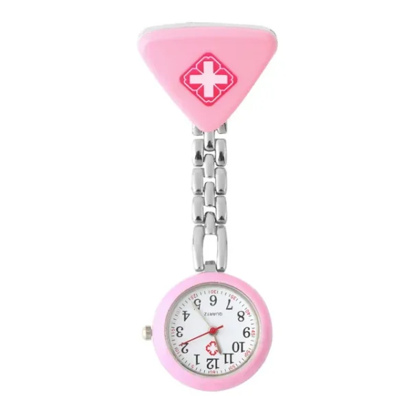 Dimensions: Total Length: Approximately 3.15 inches (8.0 cm). Case Diameter: Around 1.04 inches (2.64 cm). Case Thickness: Approximately 0.31 inches (0.79 cm). Dial Diameter: Around 20 mm. Materials: Case and Chain: Often made of metal, like zinc alloy or stainless steel. Mirror/Crystal: Commonly features a white glass mirror or Hardlex crystal window. Movement: Utilizes Quartz movement for accurate timekeeping. Design Features: Pin clip design for attachment to lapels or clothing. Water resistance for daily life activities like hand washing or rain, but not suitable for submersion. Triangular cross badge or similar design on the clip. Weight: Approximately 0.71 oz (20g).