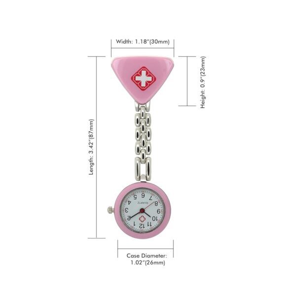 Dimensions: Total Length: Approximately 3.15 inches (8.0 cm). Case Diameter: Around 1.04 inches (2.64 cm). Case Thickness: Approximately 0.31 inches (0.79 cm). Dial Diameter: Around 20 mm. Materials: Case and Chain: Often made of metal, like zinc alloy or stainless steel. Mirror/Crystal: Commonly features a white glass mirror or Hardlex crystal window. Movement: Utilizes Quartz movement for accurate timekeeping. Design Features: Pin clip design for attachment to lapels or clothing. Water resistance for daily life activities like hand washing or rain, but not suitable for submersion. Triangular cross badge or similar design on the clip. Weight: Approximately 0.71 oz (20g).