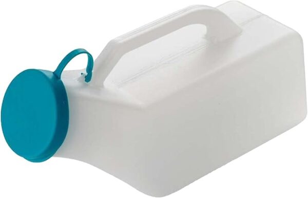Shop 1000ml Male Urinal Bottle with secure green lid, reusable design, and easy-grip handle. Made from medical-grade plastic with measuring scale for convenience—ideal for home, travel, or hospital use."