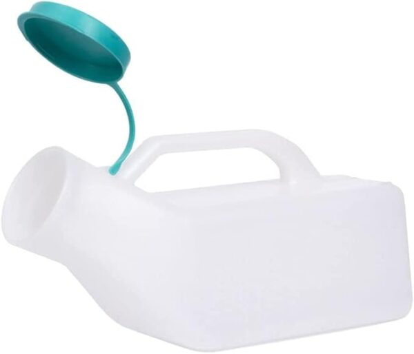 Shop 1000ml Male Urinal Bottle with secure green lid, reusable design, and easy-grip handle. Made from medical-grade plastic with measuring scale for convenience—ideal for home, travel, or hospital use."