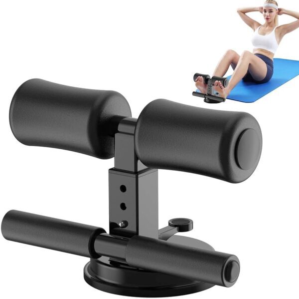 Portable Suction Cup Abdominal Bar, also commonly known as a Sit-Up Equipment Bar or Sit-Up Assistant Device. Specifications: Design: Features a strong suction base for stability on smooth floors and comfortable padded ankle support. Adjustability: Often includes multiple adjustable gears or height modes to suit different user needs and exercise types. Materials: Typically constructed from high-quality, durable materials like metal, thickened rubber for the suction cup, and high-density foam padding covered with anti-slip, sweat-proof leatherette for comfort. Portability: Designed to be lightweight and compact, sometimes foldable, for easy storage and transport, making it suitable for home workouts or travel. Benefits: Core Strengthening: Helps to isolate and target core muscles during sit-ups and other abdominal exercises, leading to more efficient workouts. Improved Form: Provides stable foot support, guiding users into proper form and minimizing strain on the back and neck during exercises. Versatility: Supports a range of exercises beyond sit-ups, including waist, abdomen, leg, body sculpting, lifting, and muscle-building routines. Convenience: Easy to install and use at home or while traveling due to its portable and adjustable design.