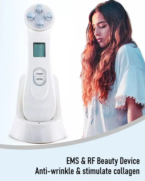 5-in-1 Face Lifting Device with EMS, Radio Frequency & Light Therapy for Wrinkle Removal & Skin Rejuvenation2 handheld, multi-function beauty device that uses various technologies for skin rejuvenation and anti-aging. Based on similar products identified in search results, its features and specifications typically include: Features Functions: It often combines multiple functions such as microcurrent (EMS), LED light therapy, and vibration massage. Purpose: The device is designed to be used at home for various skincare treatments, including skin lifting, tightening, and rejuvenation. It aims to reduce wrinkles, improve skin elasticity, and promote the absorption of skincare products. Modes: It may have multiple modes to address different skin concerns. Specifications Power Source: The device is typically rechargeable and powered via a USB cable. Type: It is a handheld device designed for use on the face, neck, and body. Material: The body of the device is often made from materials like ABS plastic or metal.