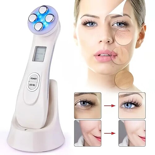 5-in-1 Face Lifting Device with EMS, Radio Frequency & Light Therapy for Wrinkle Removal & Skin Rejuvenation3 handheld, multi-function beauty device that uses various technologies for skin rejuvenation and anti-aging. Based on similar products identified in search results, its features and specifications typically include: Features Functions: It often combines multiple functions such as microcurrent (EMS), LED light therapy, and vibration massage. Purpose: The device is designed to be used at home for various skincare treatments, including skin lifting, tightening, and rejuvenation. It aims to reduce wrinkles, improve skin elasticity, and promote the absorption of skincare products. Modes: It may have multiple modes to address different skin concerns. Specifications Power Source: The device is typically rechargeable and powered via a USB cable. Type: It is a handheld device designed for use on the face, neck, and body. Material: The body of the device is often made from materials like ABS plastic or metal.