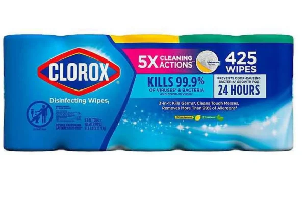 Clorox Disinfecting Wipes, Crisp Lemon scent. Specifications Quantity: The containers in the image hold 85 wet wipes each, with a total weight of 1 lb 5.1 oz (598 g). Other pack sizes may also be available. Scent: The wipes have a Crisp Lemon scent. Effectiveness: They are designed to kill 99.9% of viruses and bacteria, including the COVID-19 virus. They are also effective against common allergens, germs, and other messes. Safety: The wipes are bleach-free and can be used on a variety of hard, nonporous surfaces. Uses Clorox Disinfecting Wipes are an all-purpose cleaning product suitable for use in homes, offices, and other environments. They are effective for cleaning and disinfecting surfaces in kitchens and bathrooms. The wipes are safe to use on surfaces such as finished wood, sealed granite, and stainless steel. They can also be used to remove grease, grime, and soap scum. Safety Information Keep out of reach of children. Avoid contact with eyes or clothing. Do not use as a diaper wipe or for personal cleansing. Wash hands thoroughly with soap and water after handling. Do not use or store near heat or open flame.
