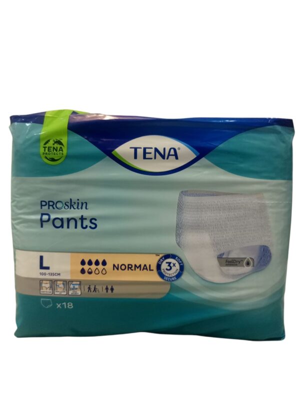 Key Features and Specifications: Triple Protection: The pants offer "triple protection" for dryness, softness, and leakage security to help maintain natural skin health. FeelDry Advanced™: This technology quickly draws liquid away from the surface and locks it into a super-absorbent core, keeping the skin dry and protected. Design: They have a pull-up design that resembles regular underwear, with a body-close fit and stretchy, breathable, textile-like materials for comfort and freedom of movement. Odor Neutralizer: The absorbent core instantly neutralizes odors for discretion and confidence. Packaging: The packaging is technically recyclable, and the product is dermatologically tested and approved by the Skin Health Alliance. Sizing: TENA ProSkin Pants are available in various sizes, including: Small: 65 - 85 cm (25.6 - 33.5 inches) Medium: 80 - 110 cm (31.5 - 43.3 inches) Large: 100 - 135 cm (39.4 - 53.1 inches) Extra Large: 120 - 160 cm (47.2 - 63.0 inches)