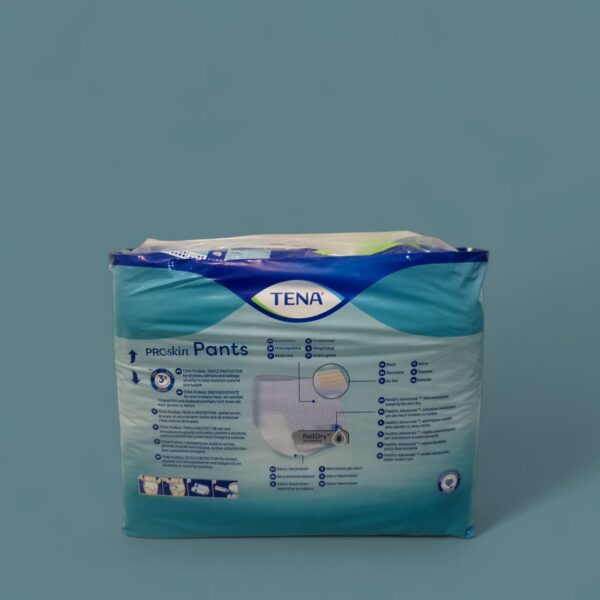 Key Features and Specifications: Triple Protection: The pants offer "triple protection" for dryness, softness, and leakage security to help maintain natural skin health. FeelDry Advanced™: This technology quickly draws liquid away from the surface and locks it into a super-absorbent core, keeping the skin dry and protected. Design: They have a pull-up design that resembles regular underwear, with a body-close fit and stretchy, breathable, textile-like materials for comfort and freedom of movement. Odor Neutralizer: The absorbent core instantly neutralizes odors for discretion and confidence. Packaging: The packaging is technically recyclable, and the product is dermatologically tested and approved by the Skin Health Alliance. Sizing: TENA ProSkin Pants are available in various sizes, including: Small: 65 - 85 cm (25.6 - 33.5 inches) Medium: 80 - 110 cm (31.5 - 43.3 inches) Large: 100 - 135 cm (39.4 - 53.1 inches) Extra Large: 120 - 160 cm (47.2 - 63.0 inches)