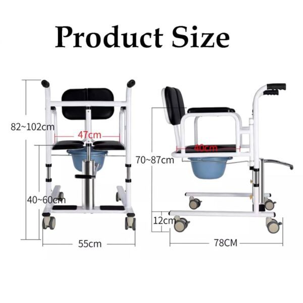 Specifications: Product Type: Patient Hydraulic Lift Transfer Wheelchair with Commode Function: Transfer, lifting, and toileting aid for patient mobility assistance Lifting Mechanism: Hydraulic manual lift system for smooth height adjustment Height Adjustment Range: Typically 40–65 cm (varies by model) Frame Material: Heavy-duty steel or aluminum alloy (rust-resistant coating) Seat Type: Padded seat with removable commode bucket for hygiene and comfort Load Capacity: Up to 150–180 kg (330–400 lbs) Wheel Type: 360° swivel casters with rear brakes for stability and easy movement Armrests: Detachable or flip-back design for easy patient transfer Footrests: Adjustable and removable for convenience Commode Bucket: Detachable for easy cleaning and maintenance Usage: Suitable for home care, hospitals, nursing homes, and rehabilitation centers Additional Features: Waterproof and easy-to-clean materials Safety lock system for secure lifting Ergonomic handle for caregiver comfort