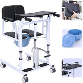Specifications: Product Type: Patient Hydraulic Lift Transfer Wheelchair with Commode Function: Transfer, lifting, and toileting aid for patient mobility assistance Lifting Mechanism: Hydraulic manual lift system for smooth height adjustment Height Adjustment Range: Typically 40–65 cm (varies by model) Frame Material: Heavy-duty steel or aluminum alloy (rust-resistant coating) Seat Type: Padded seat with removable commode bucket for hygiene and comfort Load Capacity: Up to 150–180 kg (330–400 lbs) Wheel Type: 360° swivel casters with rear brakes for stability and easy movement Armrests: Detachable or flip-back design for easy patient transfer Footrests: Adjustable and removable for convenience Commode Bucket: Detachable for easy cleaning and maintenance Usage: Suitable for home care, hospitals, nursing homes, and rehabilitation centers Additional Features: Waterproof and easy-to-clean materials Safety lock system for secure lifting Ergonomic handle for caregiver comfort